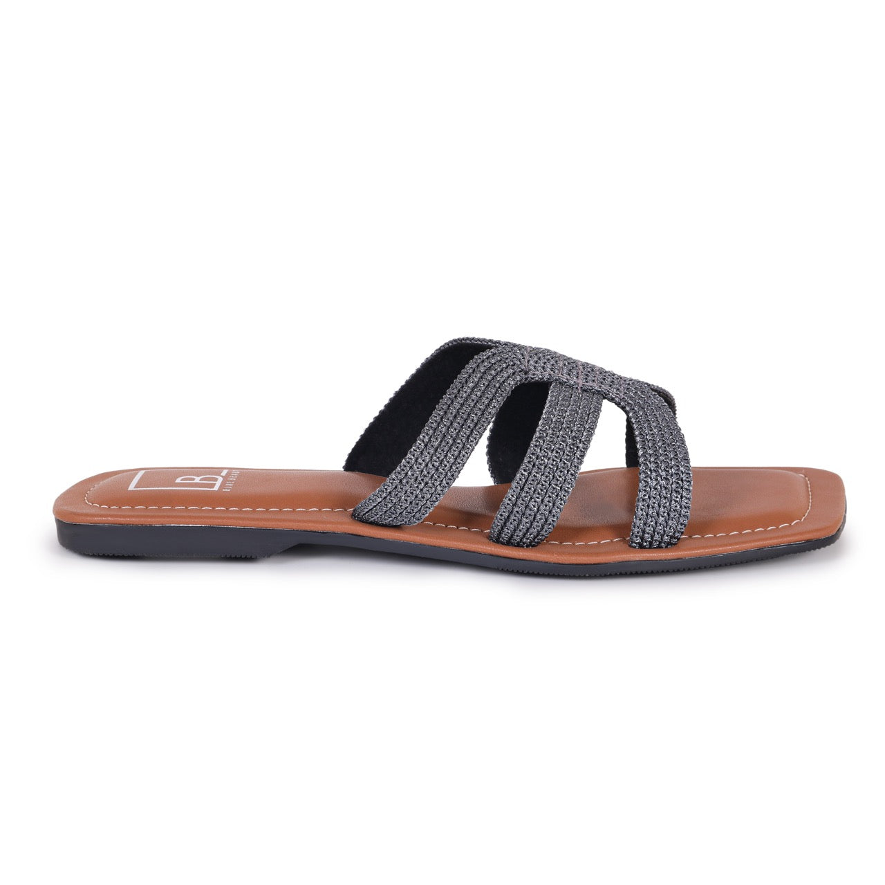 Woven Strap Square-Toe Flat Sandals Grey