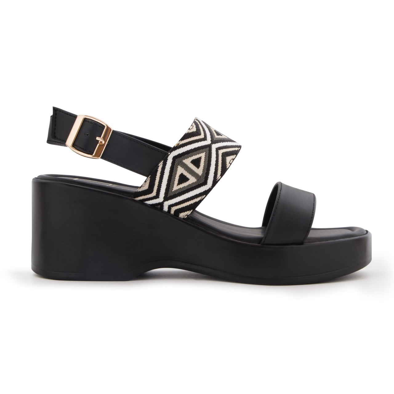 Geometric Pattern Strap Wedges Sandals Black
