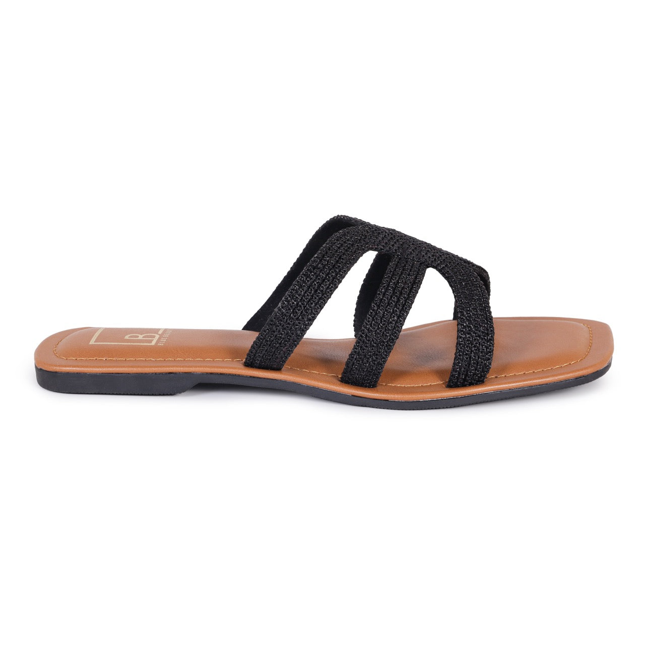 Woven Strap Square-Toe Flat Sandals Black