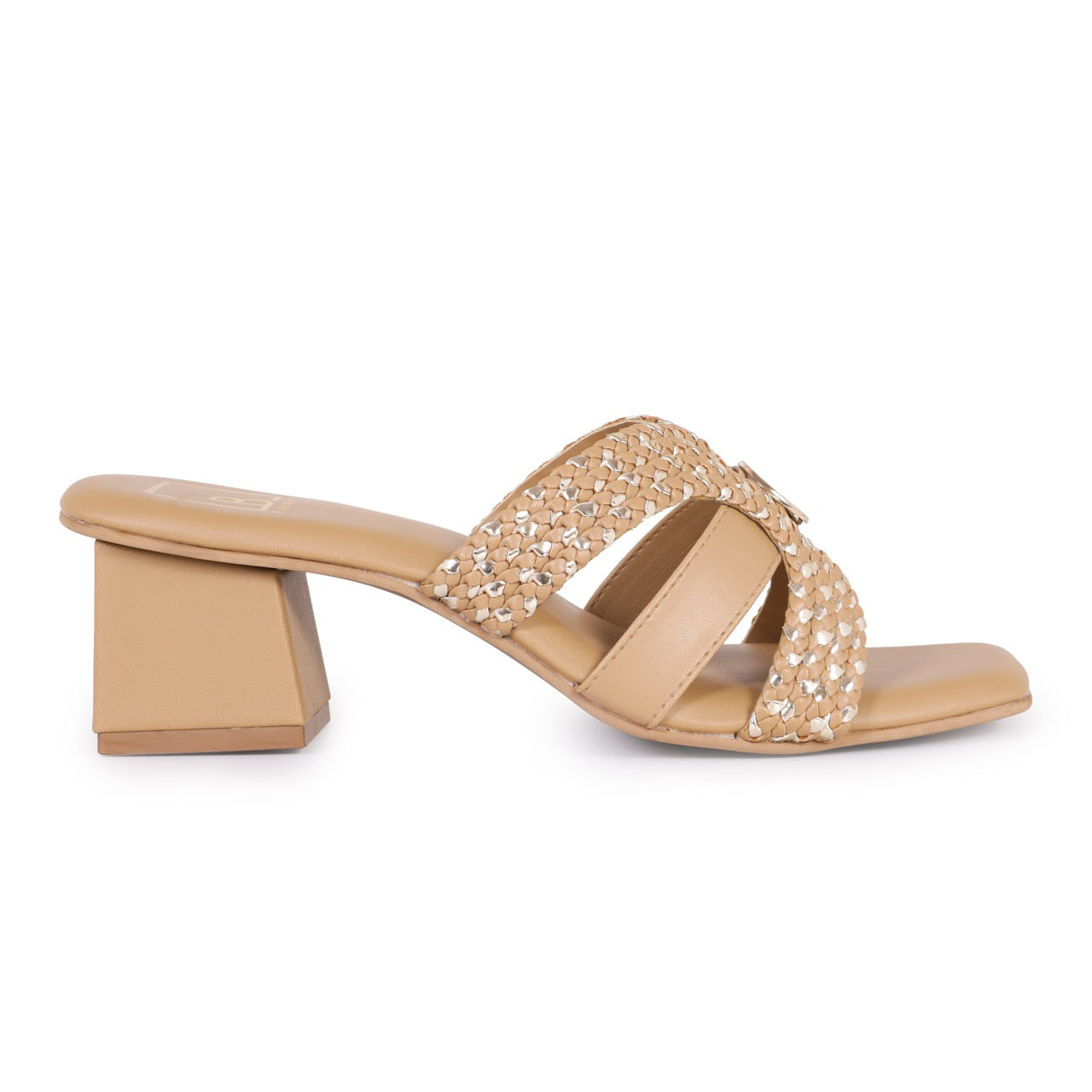 Woven Block Heels with Buckle Accent Beige
