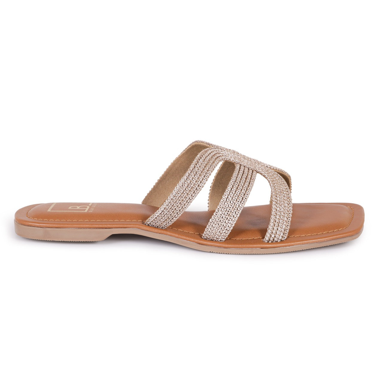 Woven Strap Square-Toe Flat Sandals Rose Gold