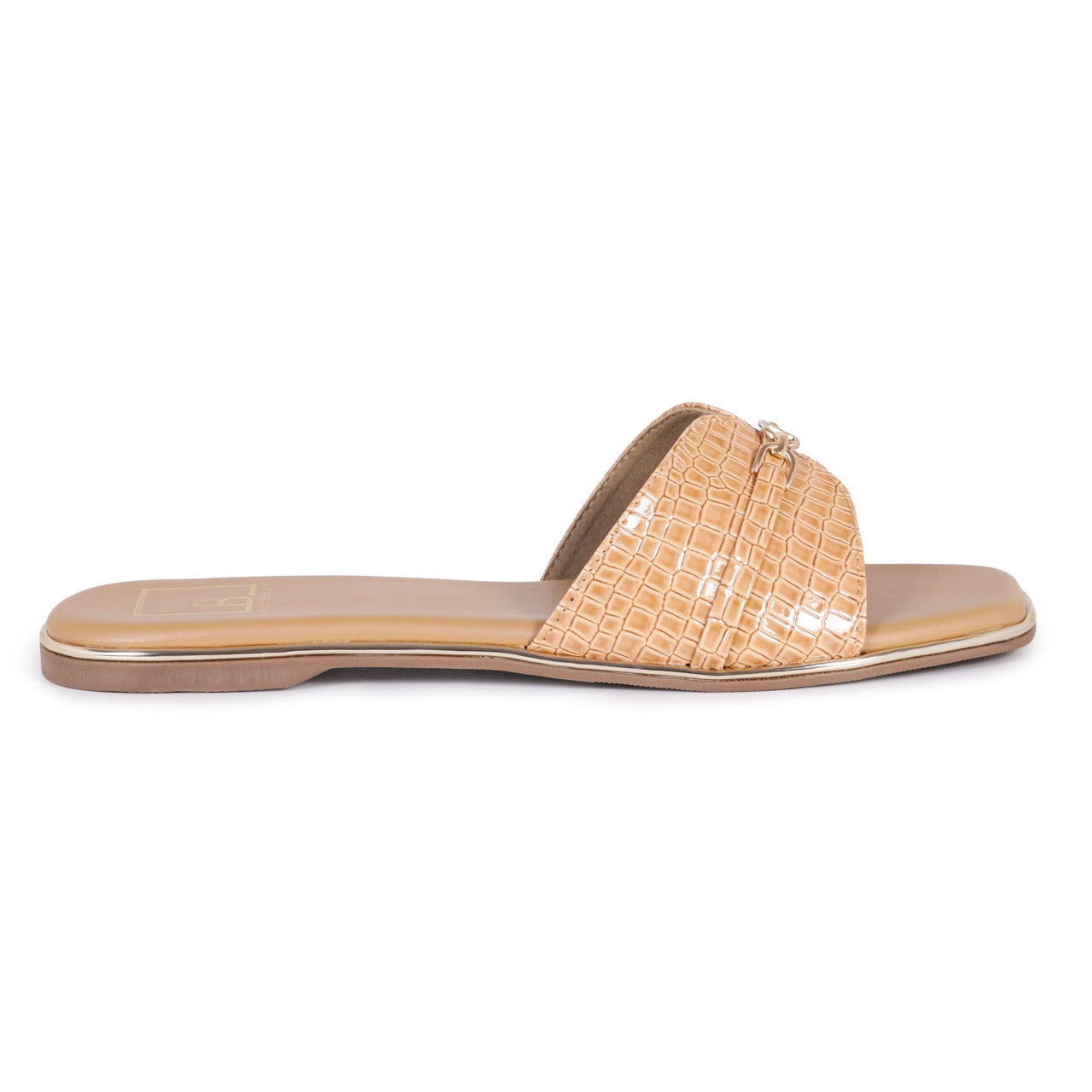 Croc-Texture Slip-On Flat Sandals Cream