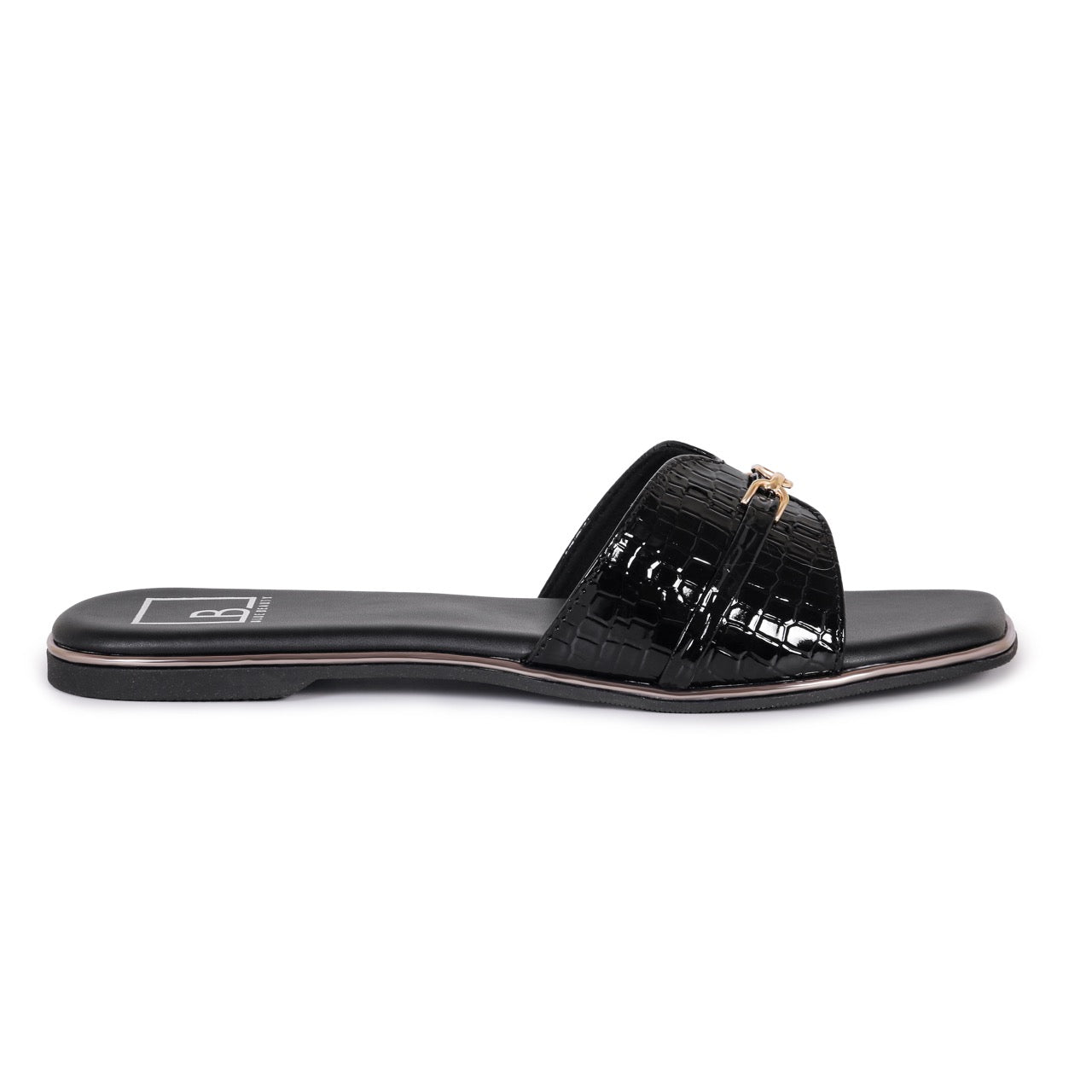 Croc-Texture Slip-On Flat Sandals Black