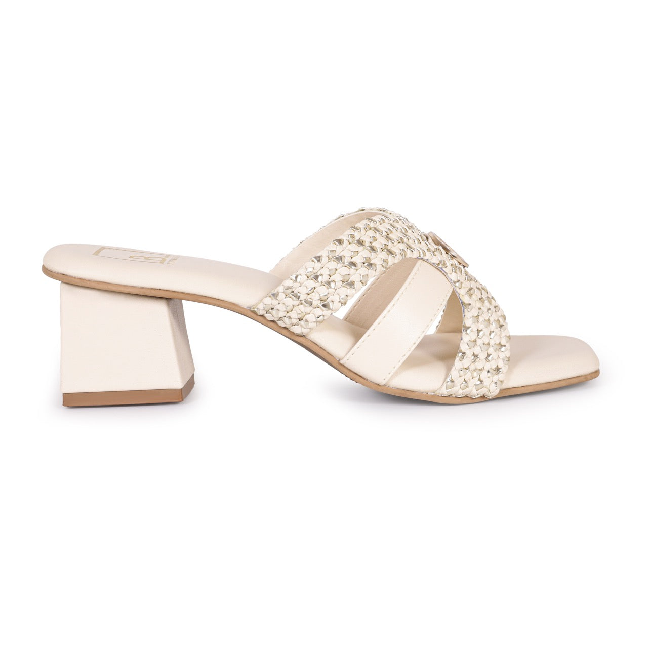Woven Block Heels with Buckle Accent Cream