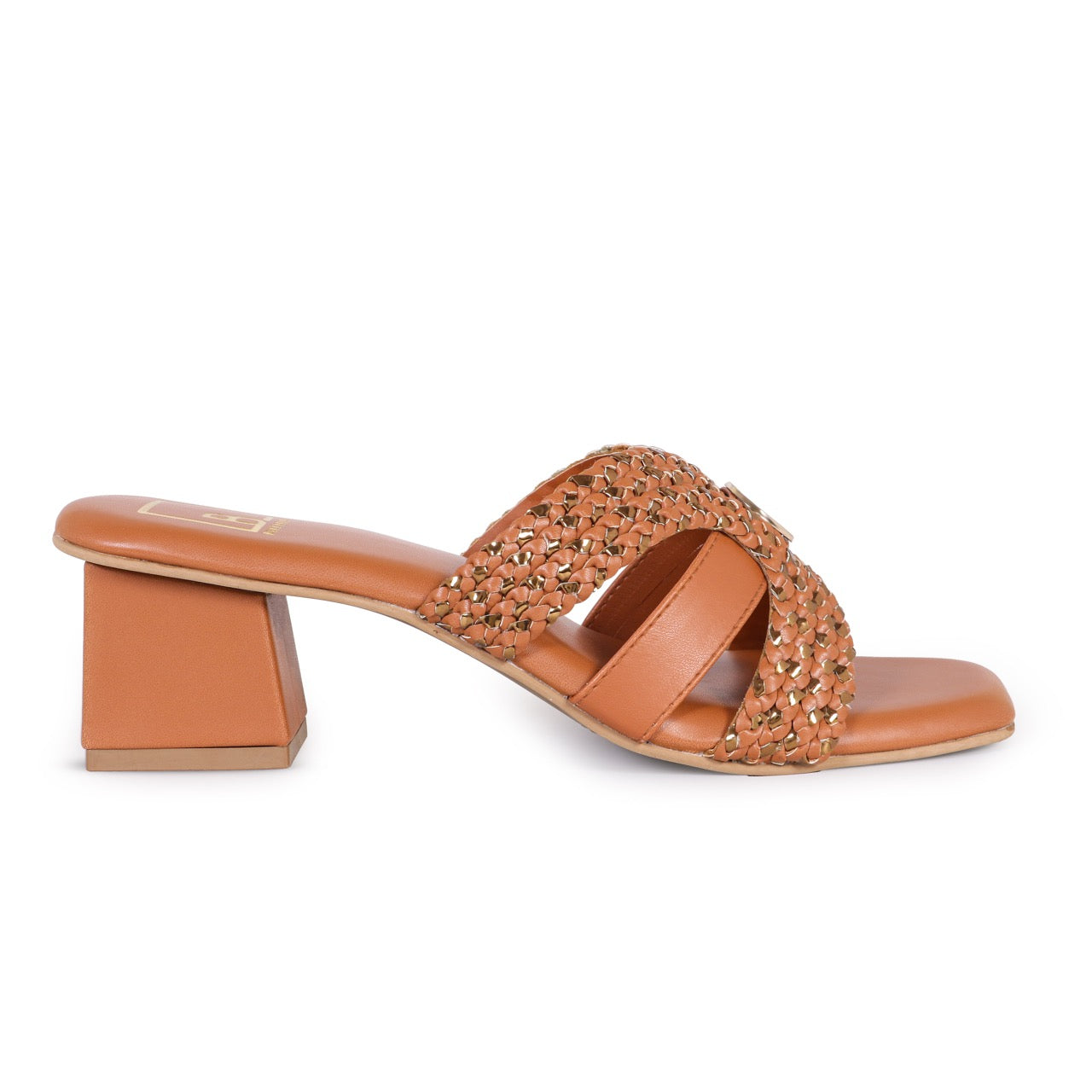 Woven Block Heels with Buckle Accent Tan