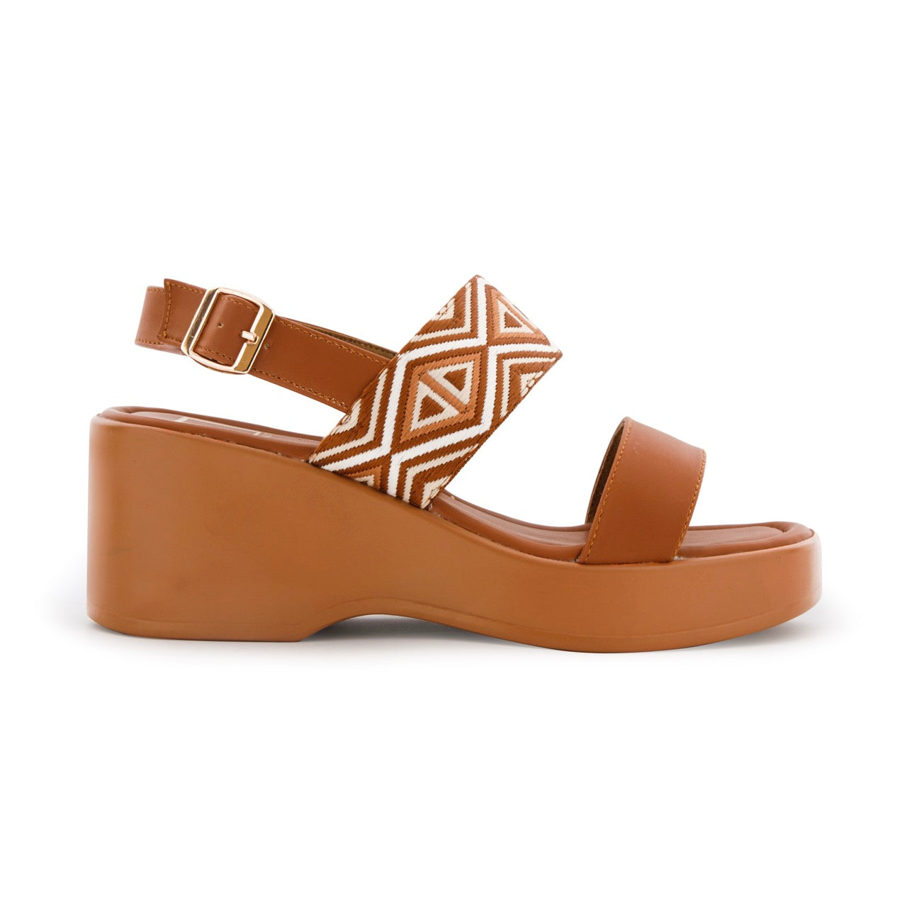 Geometric Pattern Strap Wedges Sandals Tan