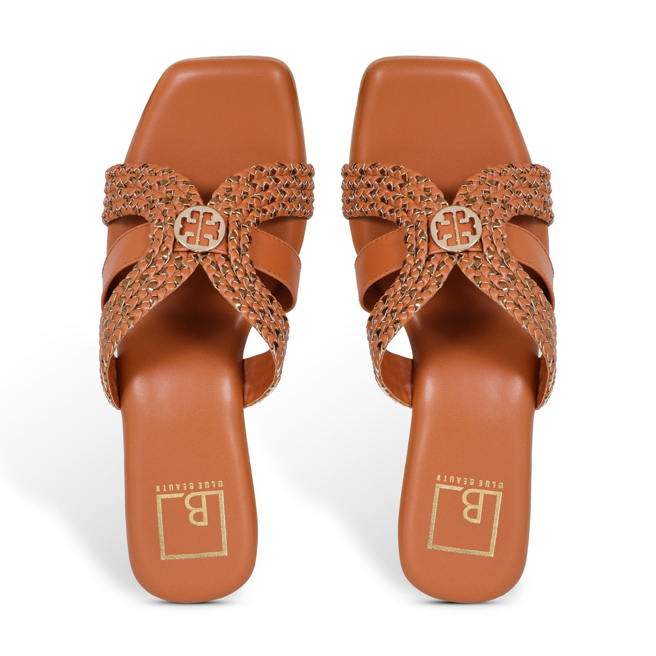 Woven Block Heels with Buckle Accent Tan