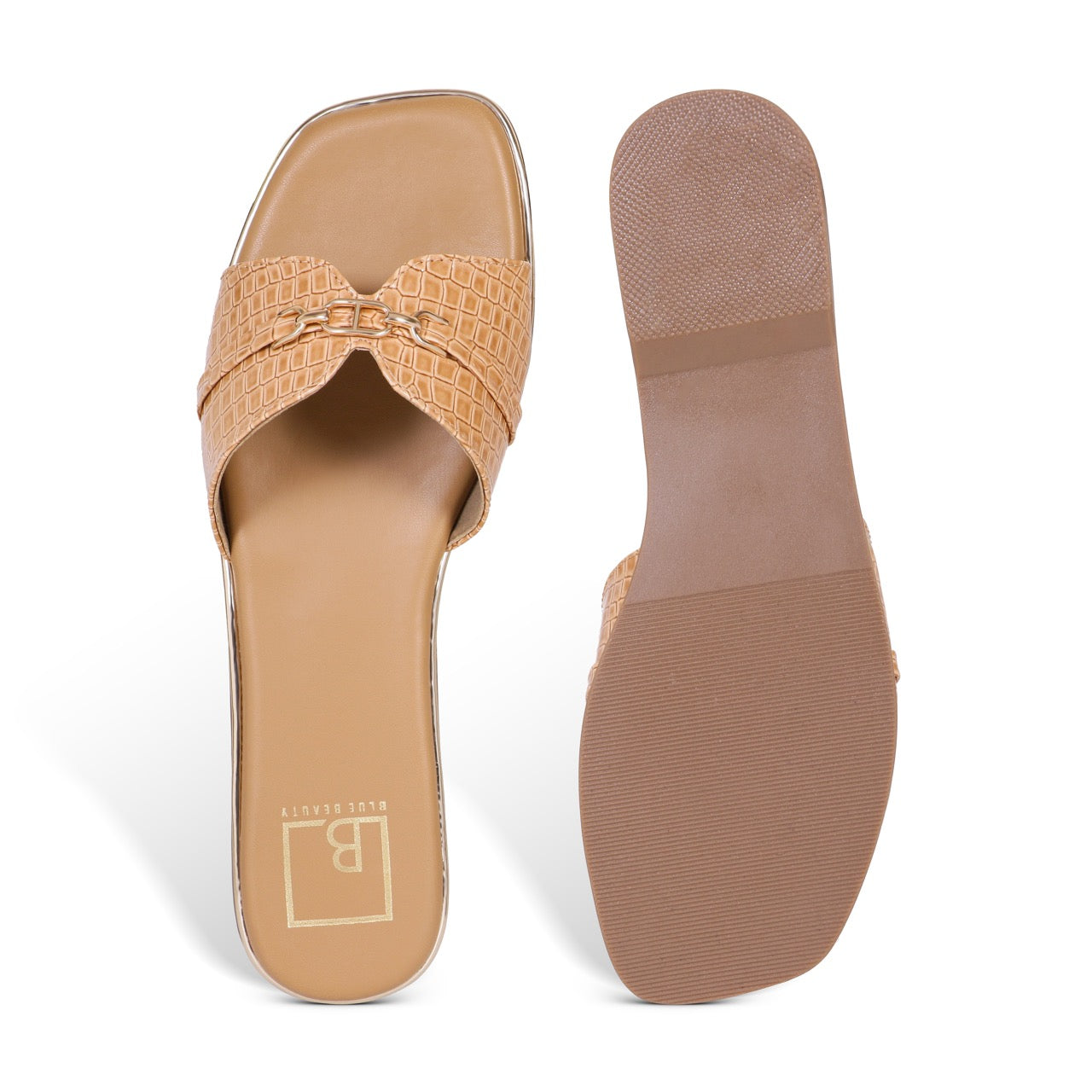 Croc-Texture Slip-On Flat Sandals Cream