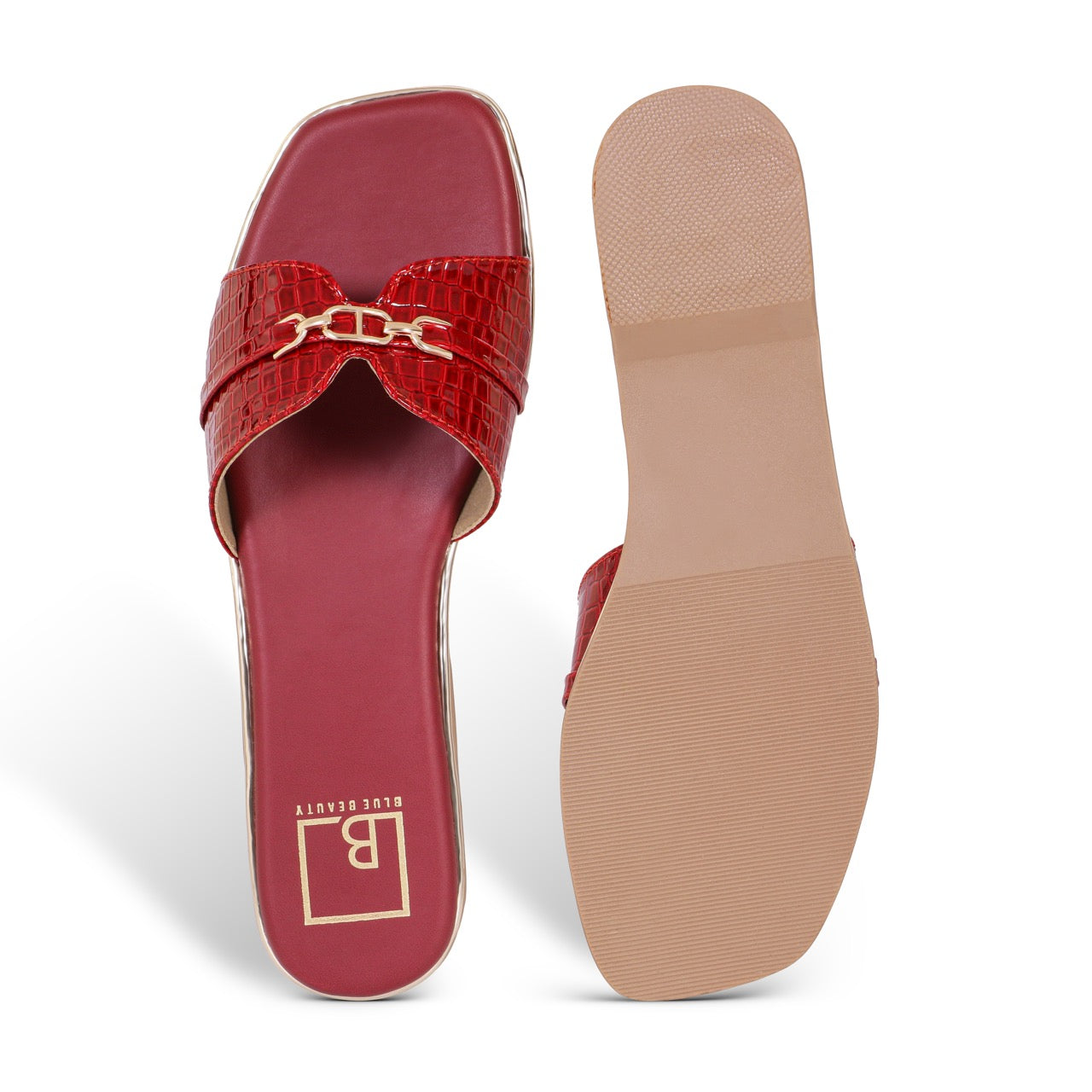 Croc-Texture Slip-On Flat Sandals Maroon