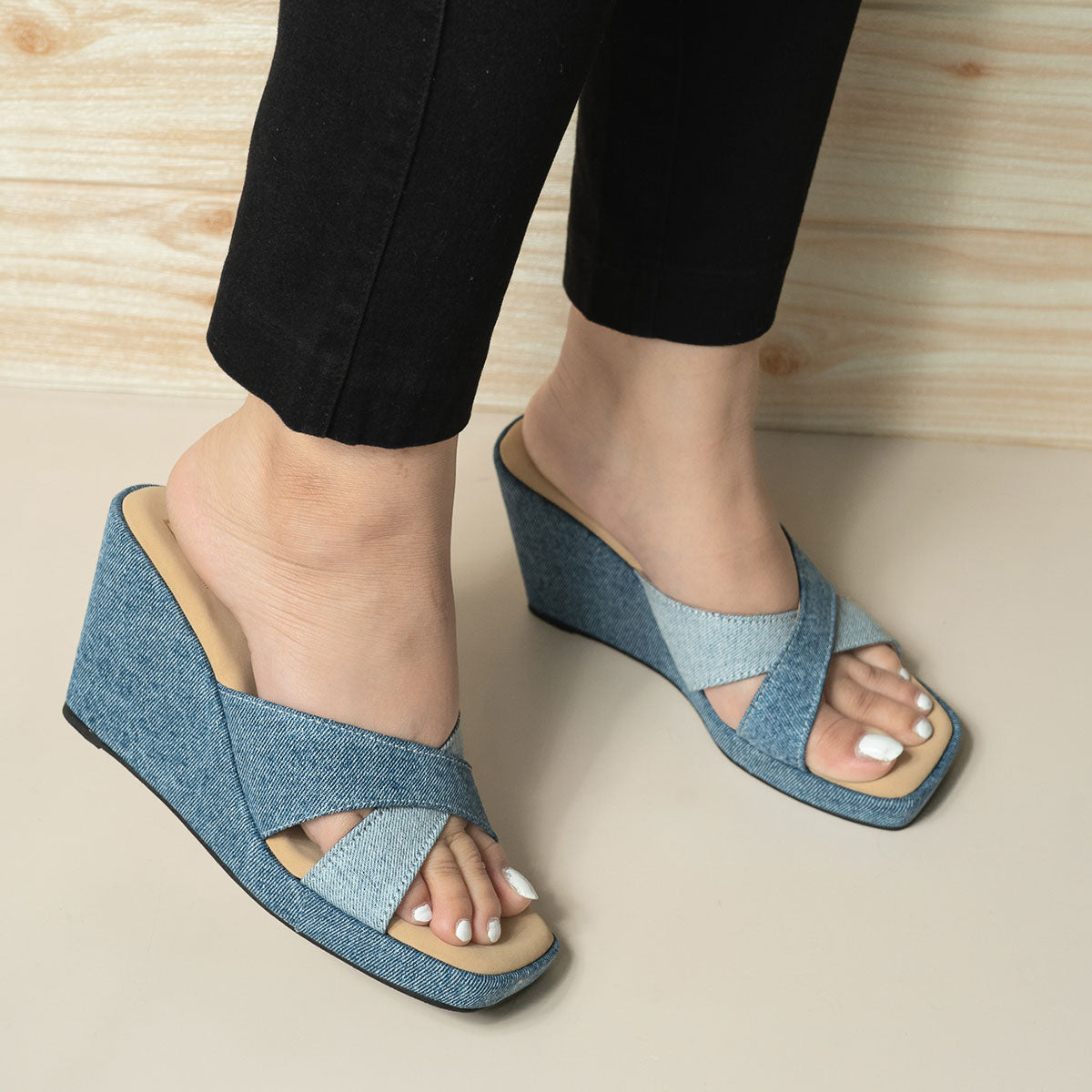 Cross Strape Denim Wedge